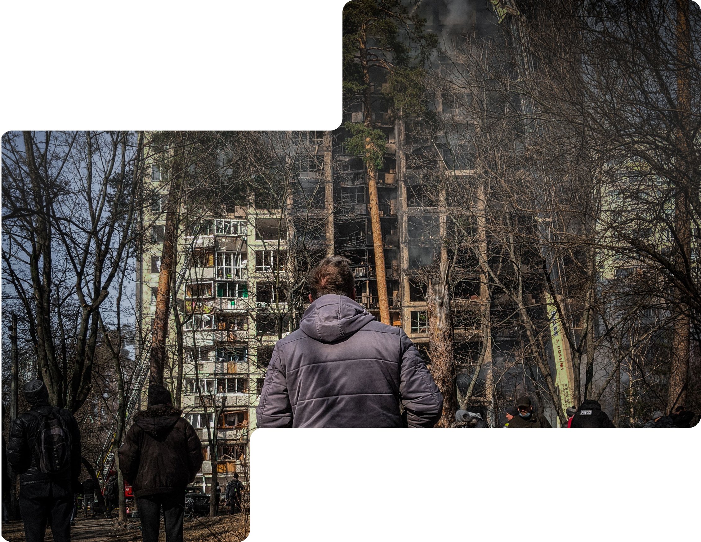 Operators outside a war-damaged apartment building